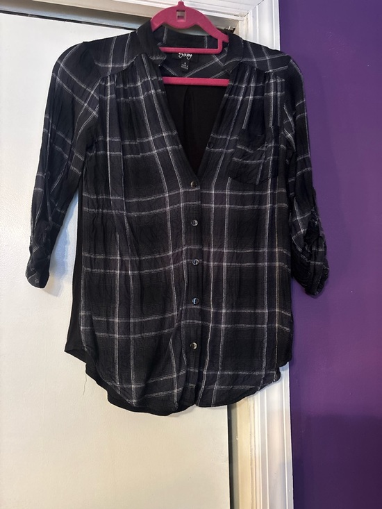 by & by Tops - By x By Black Plaid Button-Up Form Fitting Blouse Spring Summer Light